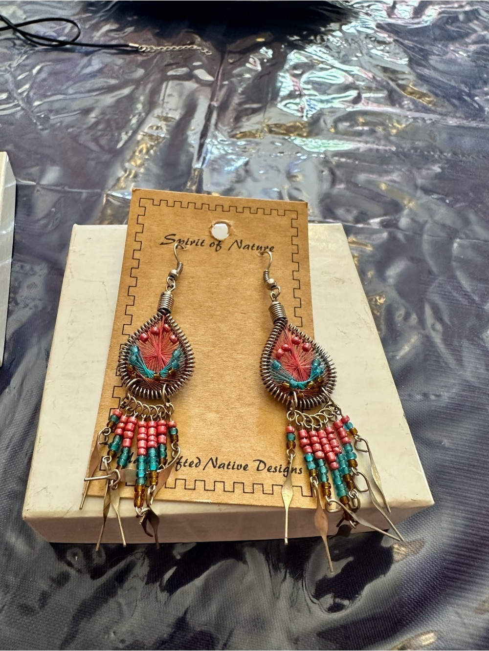 Handwoven Teardrop Dangle Earrings — Pink & Teal Bead Fringe